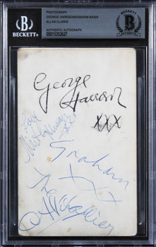 George Harrison, Graham Nash & Allan Clarke Signed 3.5x5.5 Photo BAS Slabbed