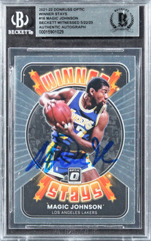 Lakers Magic Johnson Signed 2021 Donruss Optic Winner Stays #16 Card BAS Slabbed