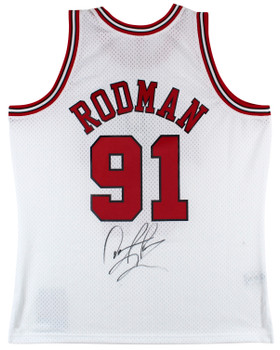 Bulls Dennis Rodman Authentic Signed White M&N HWC Swingman Jersey BAS Witnessed