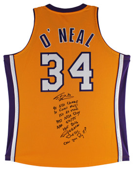 Shaquille O'Neal 9x Inscribed Signed Yellow M&N 99-00 HWC Authentic Jersey BAS 2