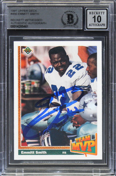 Cowboys Emmitt Smith Signed 1991 Upper Deck #456 Card Auto 10! BAS Slabbed