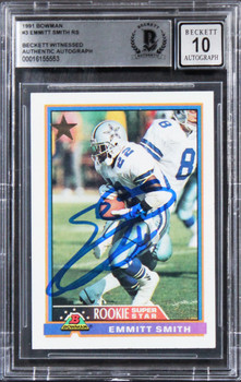 Cowboys Emmitt Smith Authentic Signed 1991 Bowman #3 Card Auto 10! BAS Slabbed