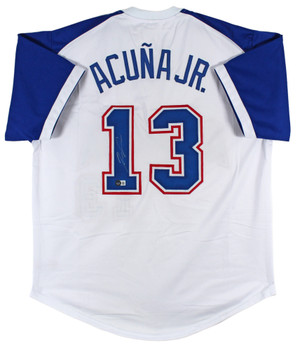 Ronald Acuna Jr. Signed White TB Pro Style Jersey w/ Blue Numbers BAS Witnessed