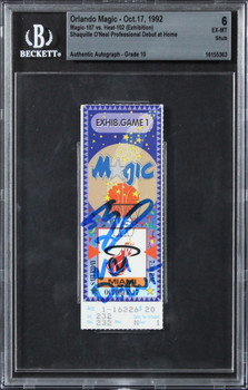 Magic Shaquille O'Neal "NBA Debut" Signed 1992 Ticket EX-MT 6 Auto 10 BAS Slab