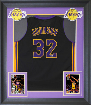 Magic Johnson Signed Black Pro Style Framed Jersey w/ Purple #s BAS Witnessed