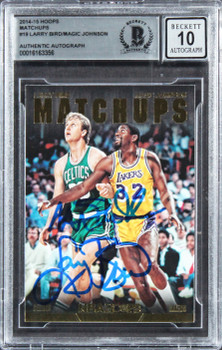 Larry Bird & Magic Johnson Signed 2014 Hoops Matchups #19 Card Auto 10! BAS Slab