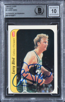 Celtics Larry Bird Signed 1986 Fleer Stickers #2 Card Auto 10! BAS Slabbed