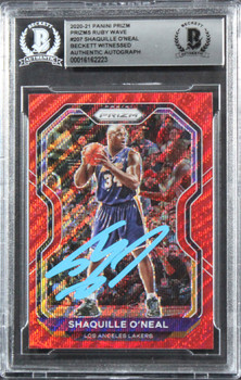 Lakers Shaquille O'Neal Signed 2020 Panini Prizm Ruby Wave #207 Card BAS Slabbed