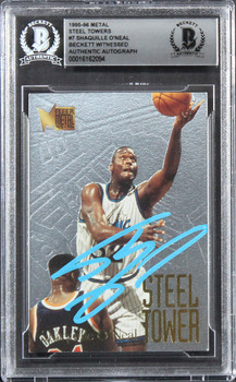 Magic Shaquille O'Neal Signed 1995 Metal Steel Towers #7 Card BAS Slabbed