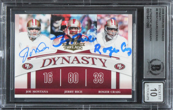 49ers Montana, Rice & Craig Signed 2008 Donruss Threads #6 Card Auto 10 BAS Slab