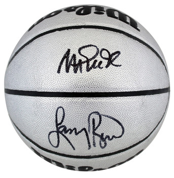 Magic Johnson & Larry Bird Signed Silver Wilson Basketball BAS Witnessed