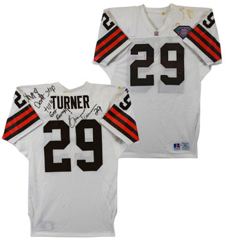 Browns Eric Turner Signed Game Worn White Russell Athletic Jersey BAS #AA03169