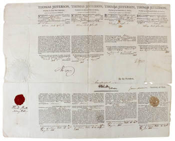 Thomas Jefferson & James Madison Signed 16 x21 1806 4 Language Ship Passport BAS