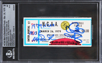 Magic Johnson Larry Bird Signed 1979 NCAA Finals Ticket Grade 7 Auto 10 BAS Slab