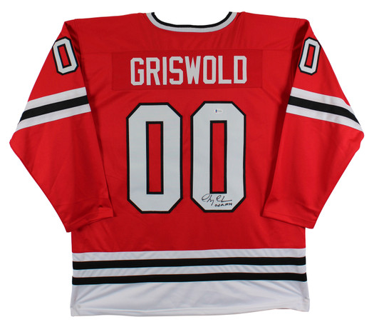 Autographed/Signed Chevy Chase Clark Griswold Christmas Vacation Movie  Chicago Red Hockey Jersey Beckett BAS COA - Hall of Fame Sports Memorabilia