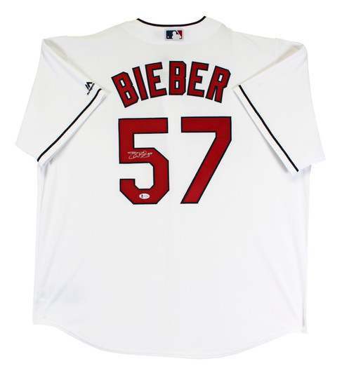 Indians Shane Bieber Not Justin Signed White Majestic Cool Base Jersey  BAS Wit