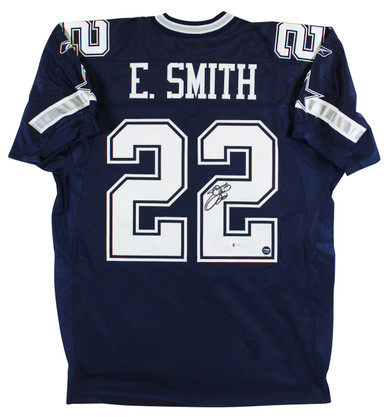 Autographed Emmitt Smith Jersey - Navy Blue Reebok BAS Witnessed