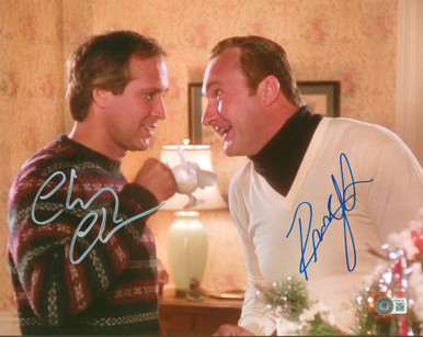 Press Pass Collectibles Chevy Chase & Randy Quaid Signed Fanatics Blackhawks White Jersey BAS Witnessed