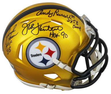 Andy Russell Signed Pittsburgh Steelers Flash Mini Helmet with 2x SB Champ