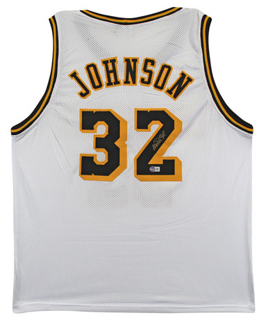 Press Pass Collectibles Magic Johnson Signed Black Pro Style Jersey Numbers Gold Trim BAS Witness