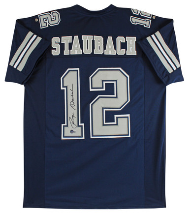 Roger Staubach Authentic Signed Navy Blue Pro Style Jersey w/ Grey