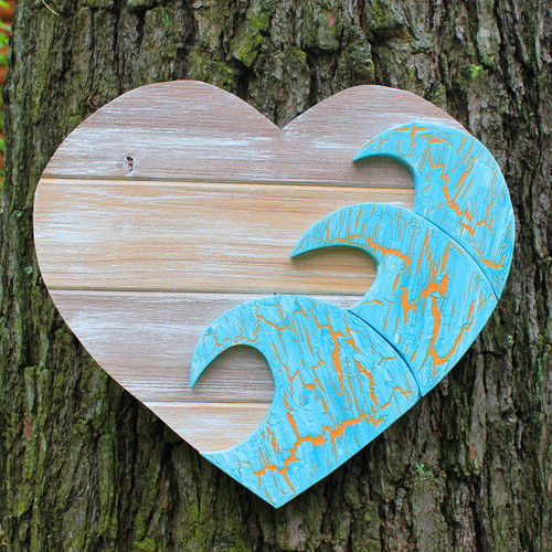 Natural Wood Blue Wave Heart 15", Handemade Wood Wall Art