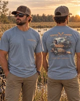 Shop the Winter Timber Outdoors Deja Blue Tee. Premium heather blue duck hunting shirt featuring a custom blue-winged teal back graphic.