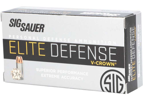 SIG SAUER SIG Sauer Elite V-Crown 9mm Luger 124 Grain Jacketed Hollow Point Brass Cased Centerfire Pistol Ammo 50 Rounds SIG-E9MMA2-50