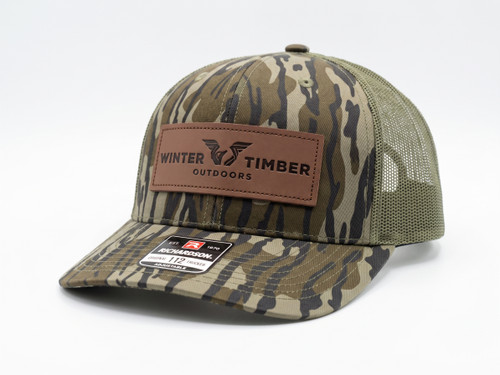 Winter Timber Outdoors Logo Leather Patch Mossy Oak Bottomland Trucker Hat