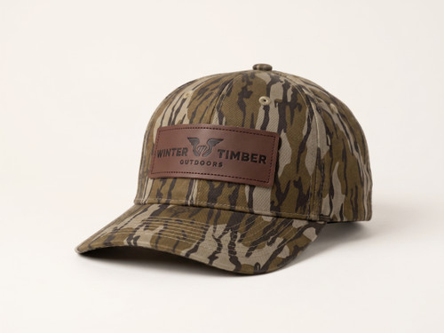 Winter Timber Outdoors Logo Leather Patch Mossy Oak Bottomland Trucker Hat