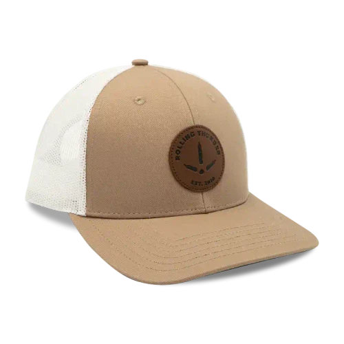 ROLLING THUNDER Rolling Thunder Leather Logo Patch Mesh Back Trucker Hat RTGC-C064-TAN-WHI