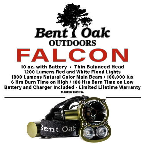 BENT OAK FALCON HEADLAMP RED AND WHITE FLOOD 6HR BURN TIME 1800 LUMEN & 1200 RED LUMEN