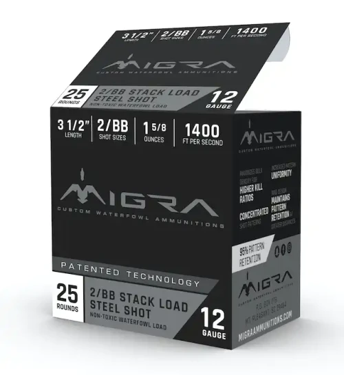 MIGRA MIGRA STEEL SHOT 12GA 3IN 1-3/4OZ 2+BBSHOT (DUPLEX) 25RD MIGRA-M-12S2-BB