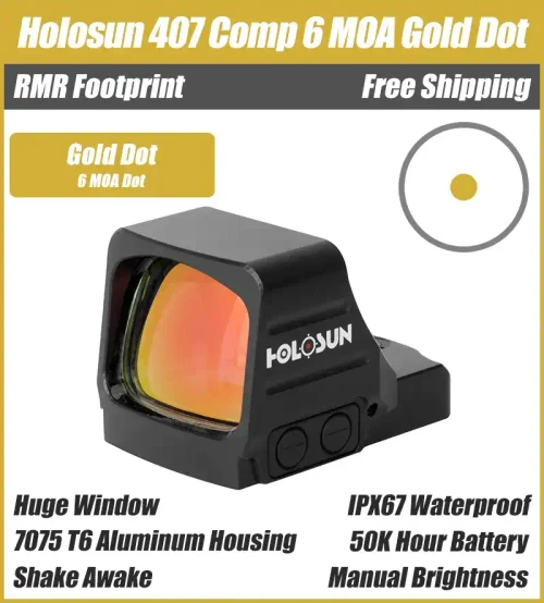 HOLOSUN Holosun 407COMP Open Pistol Sight - Gold 6 MOA Dot HOLO-HS407COMP-GD-6