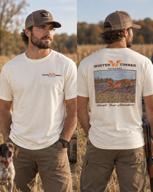 Shop the Winter Timber Outdoors Dakota Ditch Chicken Tee. Premium off-white upland hunting shirt featuring a custom pheasant back graphic.