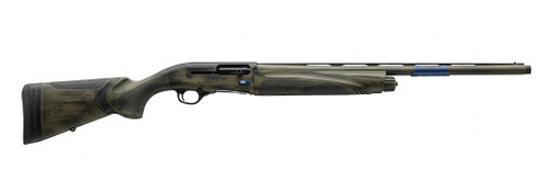 A side-profile view of the entire semi-automatic shotgun, showcasing its Cerakote camouflage pattern and tactical design