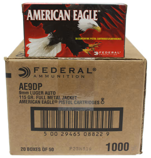 Federal American Eagle Handgun 9mm Luger 115gr Full Metal Jacket 1000 Round Case