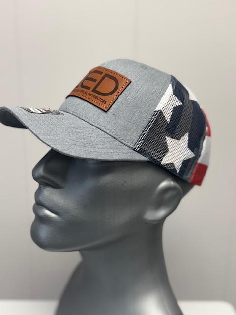 CED Richardson Heather Grey Stars Stripes Leather Patch Trucker