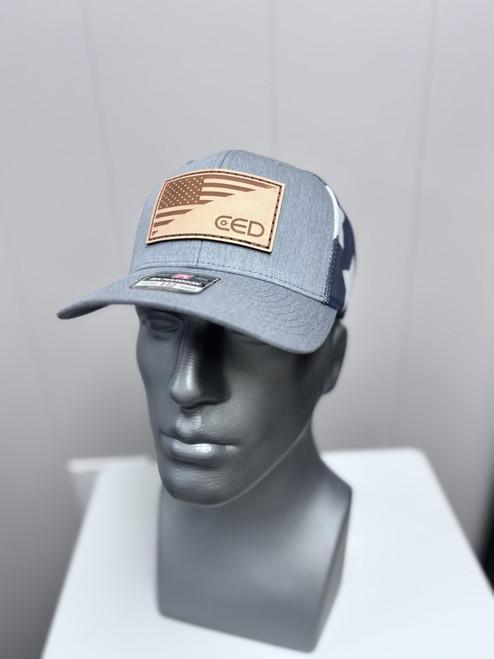 CED Richardson Heather Grey Leather Flag Patch Mesh Trucker