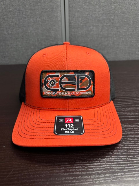CED Richardson 112 Orange/Black Blaze Camo Patch Trucker