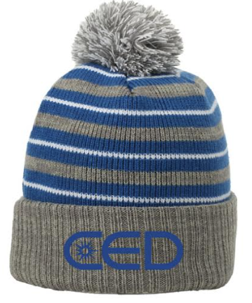 CED Grey/Royal Striped Removable Pom Pom Beanie