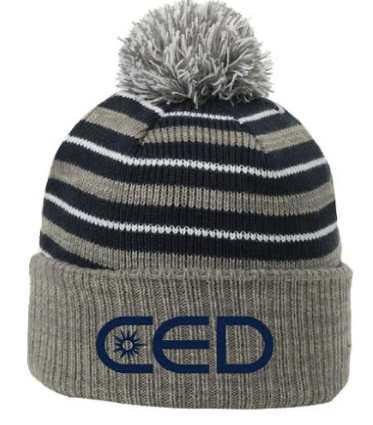 CED Grey/Navy Striped Removable Pom Pom Beanie