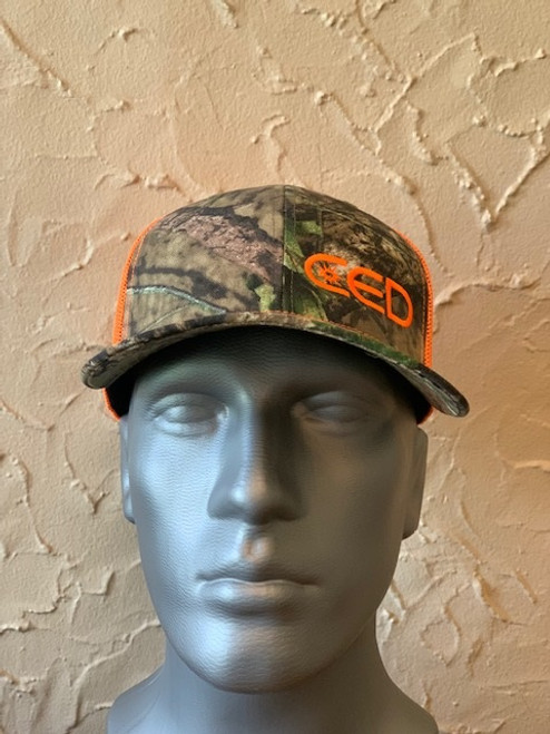 CED Left Panel Mossy Oak/Neon Orange Mesh Modern Trucker Hat