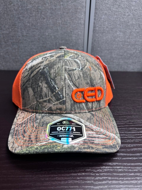 CED Left Panel Mossy Oak/Neon Orange Mesh Modern Trucker Hat