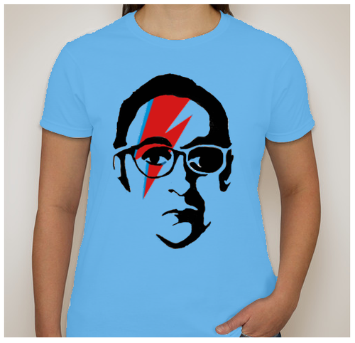 Sky blue Sad Larry Shirt on small model.