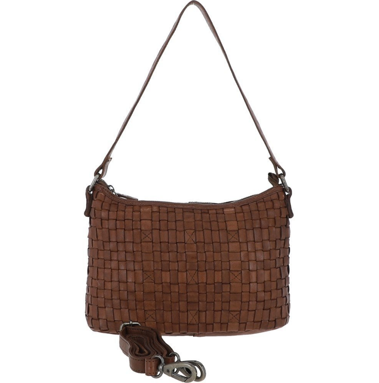 3 Section Vintage Woven Leather Shoulder Bag Cognac : D-71