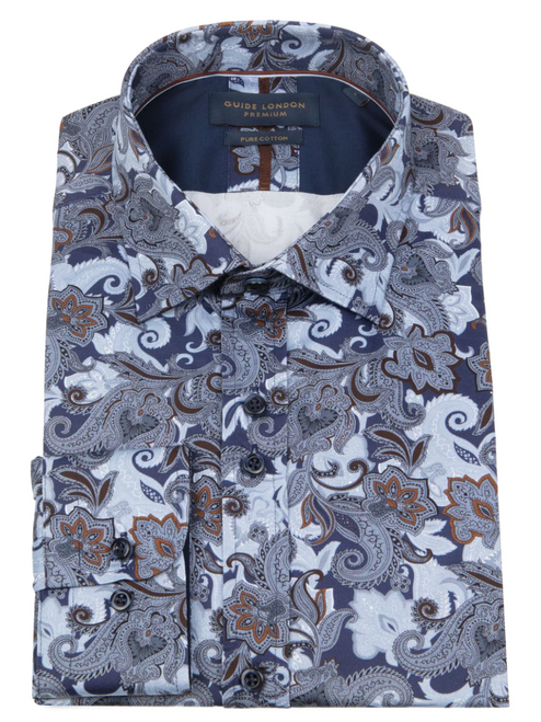 Guide Blue/Brown Paisley Shirt in premium Cotton