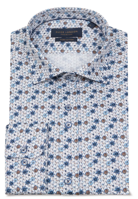 Guide London Blue/Tan Geometric Print Long Sleeve Cotton Shirt