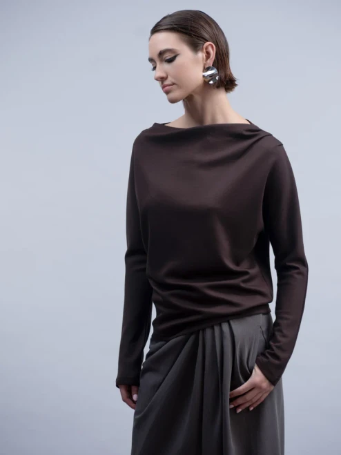 Haako Chocolate Brown Long Sleeve Boat Neck Top