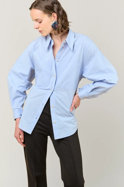 VIVERE Ember Blue Belted Poplin Shirt